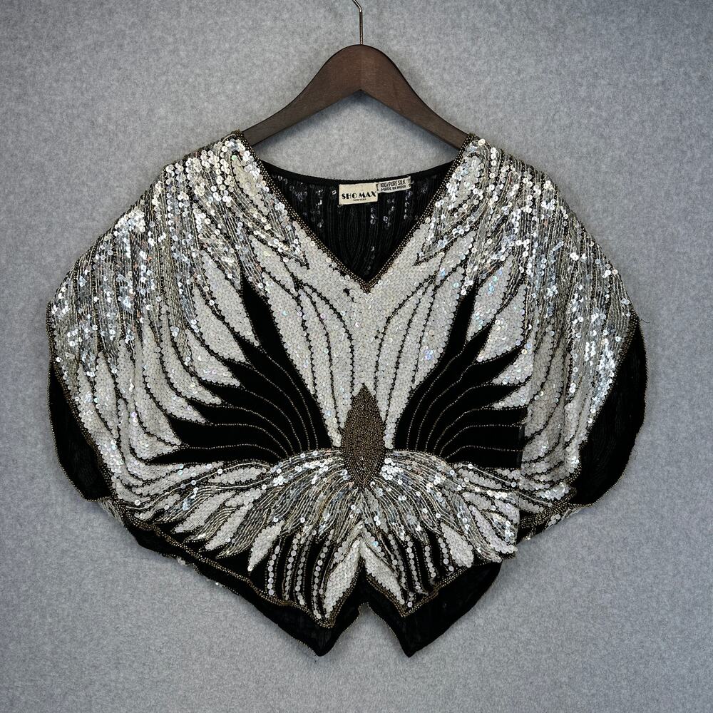 VTG 80s Shomax Newyork Blouse Top Womens Large Black Butterfly Sequins Silk